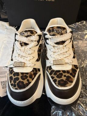 Versace Leopard Calf Hair & Brown Leather Sneakers with White Trim